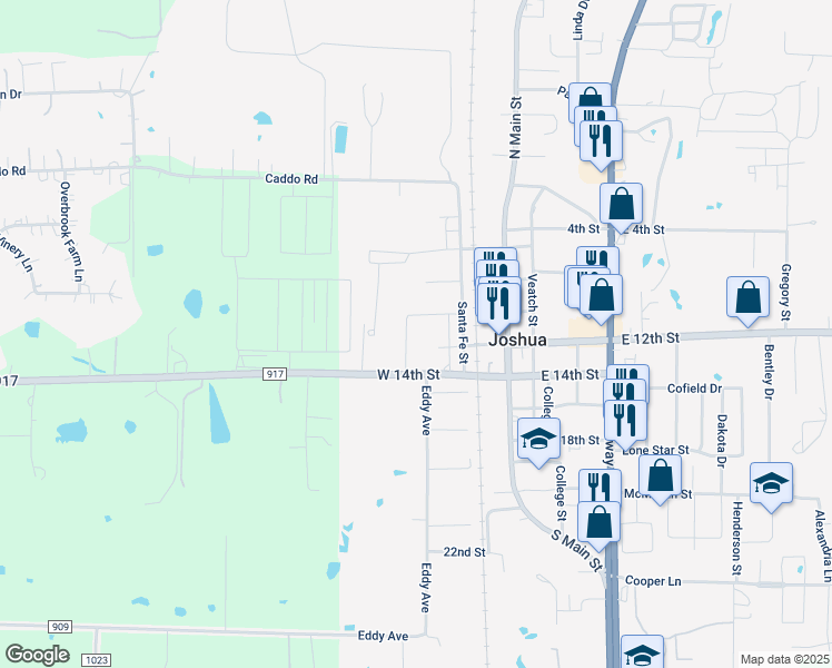 map of restaurants, bars, coffee shops, grocery stores, and more near 116 Avenue F in Joshua