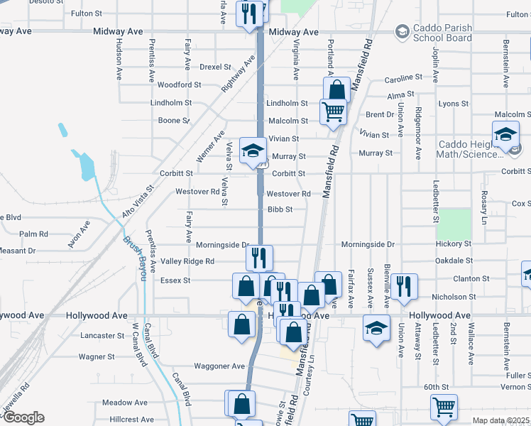 map of restaurants, bars, coffee shops, grocery stores, and more near 5301 Hearne Avenue in Shreveport