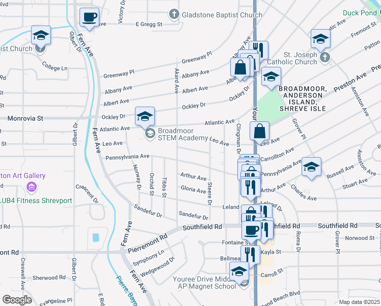 map of restaurants, bars, coffee shops, grocery stores, and more near 365 Carrollton Avenue in Shreveport