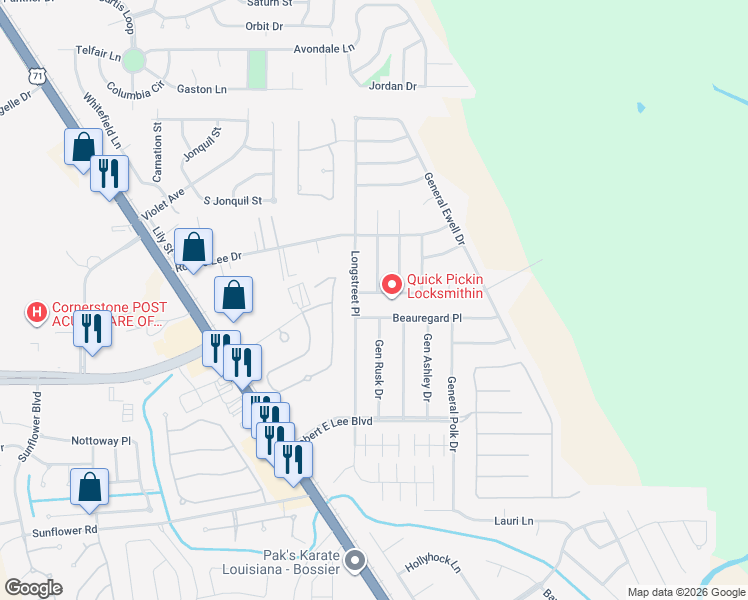 map of restaurants, bars, coffee shops, grocery stores, and more near 2103 Beauregard Place in Bossier City