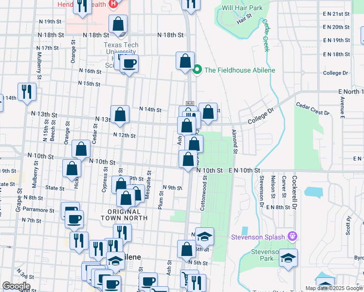 map of restaurants, bars, coffee shops, grocery stores, and more near 1127 Ash Street in Abilene