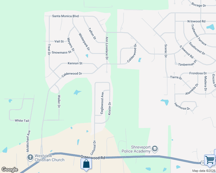 map of restaurants, bars, coffee shops, grocery stores, and more near 4314 Kristin Drive in Shreveport