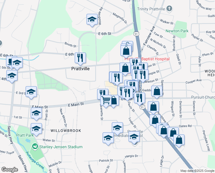 map of restaurants, bars, coffee shops, grocery stores, and more near 701 East Main Street in Prattville