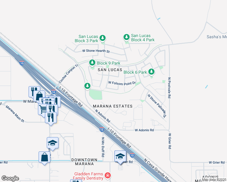 map of restaurants, bars, coffee shops, grocery stores, and more near 11375 West Spear Shaft Drive in Marana
