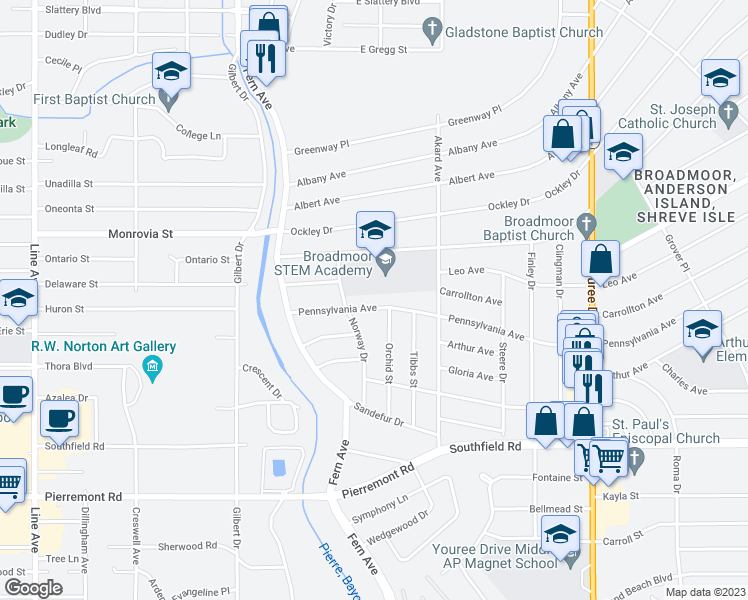 map of restaurants, bars, coffee shops, grocery stores, and more near 438 Pennsylvania Avenue in Shreveport