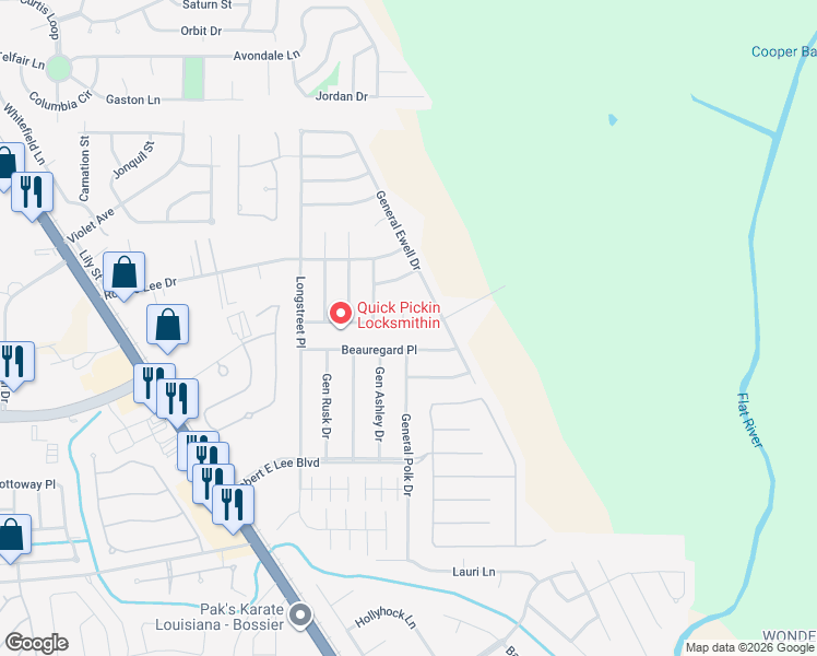 map of restaurants, bars, coffee shops, grocery stores, and more near 2127 Beauregard Place in Bossier City