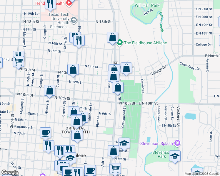 map of restaurants, bars, coffee shops, grocery stores, and more near 1127 Ash Street in Abilene