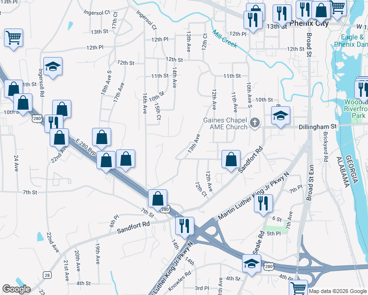 map of restaurants, bars, coffee shops, grocery stores, and more near 901-913 13th Avenue in Phenix City