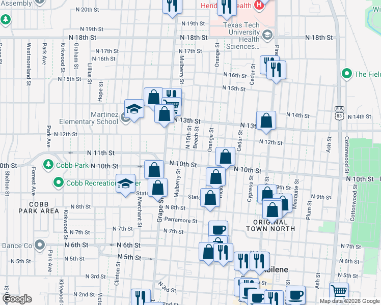 map of restaurants, bars, coffee shops, grocery stores, and more near 1026 Beech Street in Abilene