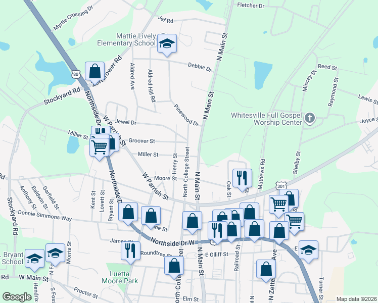 map of restaurants, bars, coffee shops, grocery stores, and more near 344 North College Street in Statesboro