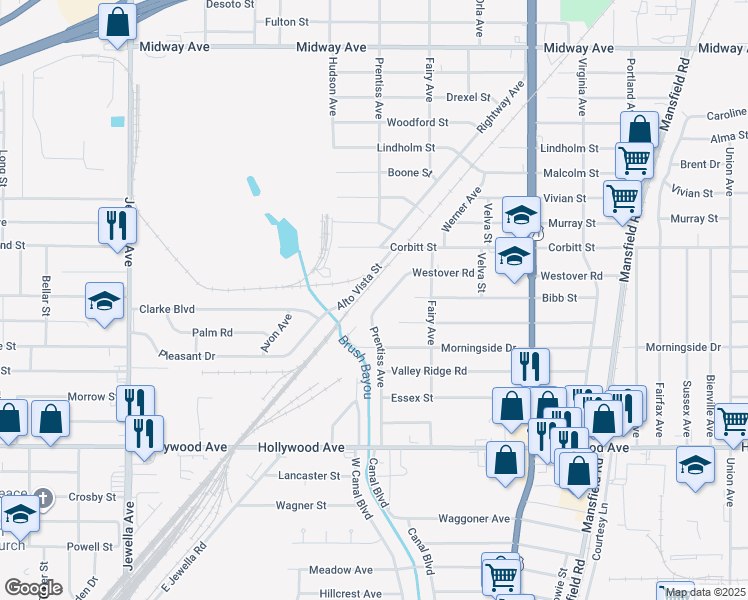 map of restaurants, bars, coffee shops, grocery stores, and more near 5334 Prentiss Avenue in Shreveport