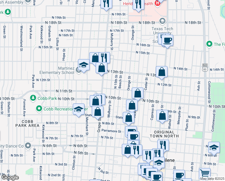 map of restaurants, bars, coffee shops, grocery stores, and more near 1041 Mulberry Street in Abilene