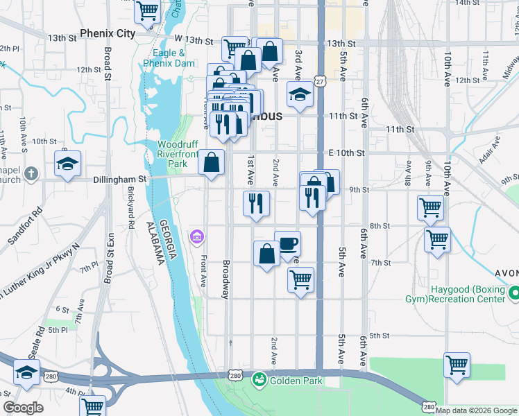 map of restaurants, bars, coffee shops, grocery stores, and more near 814 1st Avenue in Columbus