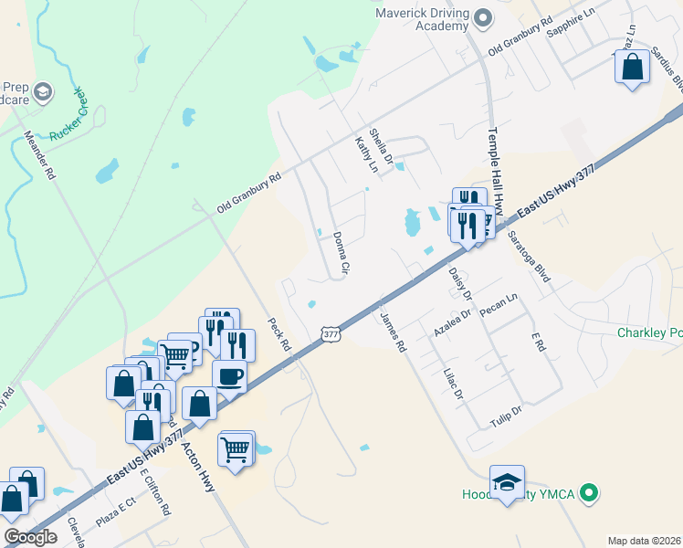 map of restaurants, bars, coffee shops, grocery stores, and more near 215 Donna Circle in Granbury