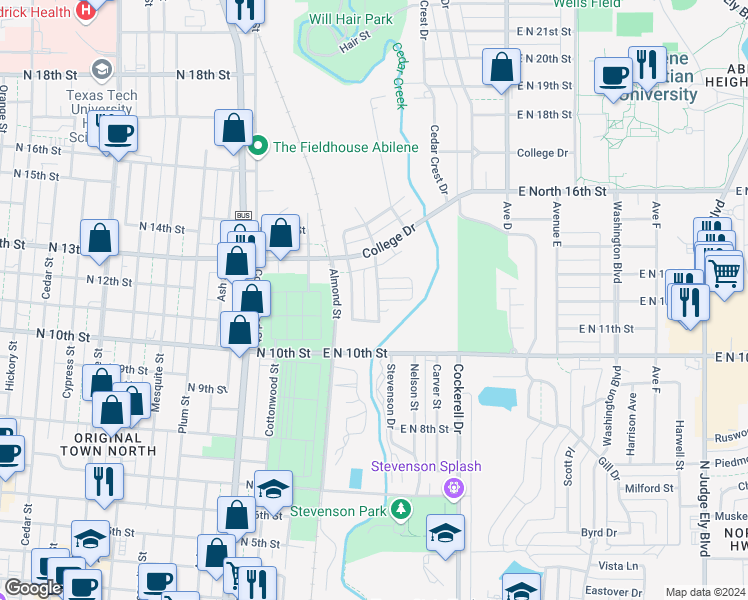 map of restaurants, bars, coffee shops, grocery stores, and more near 1142 Monroe Street in Abilene