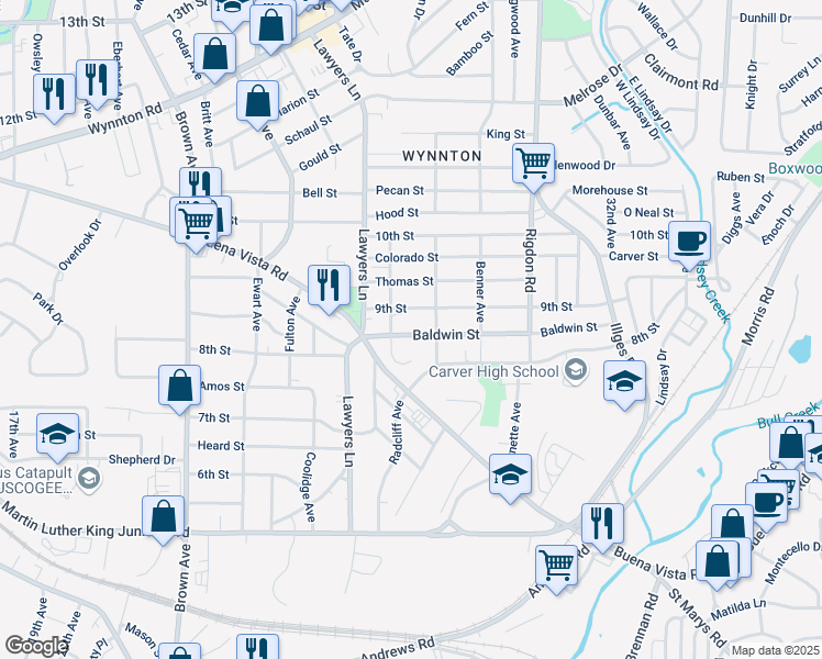 map of restaurants, bars, coffee shops, grocery stores, and more near 2717 Baldwin Street in Columbus