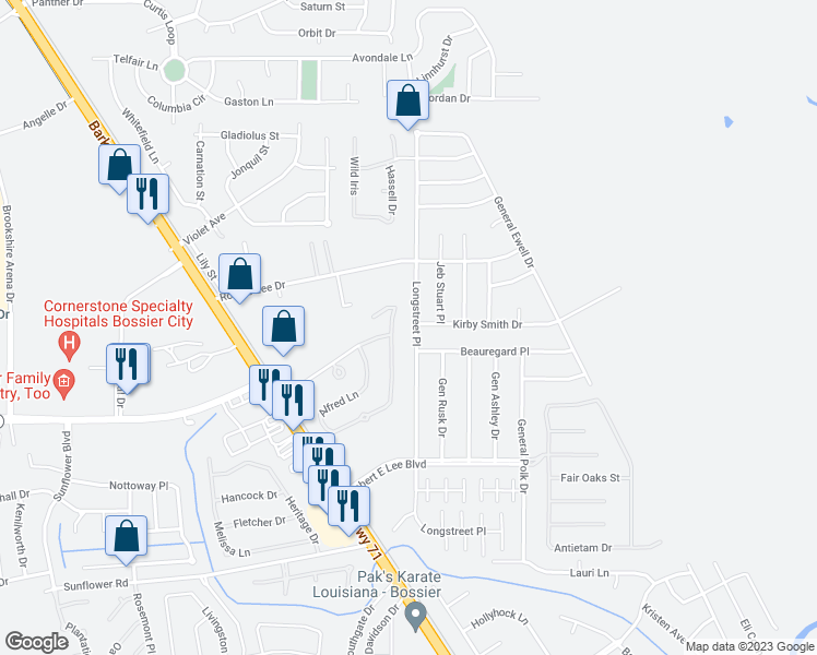 map of restaurants, bars, coffee shops, grocery stores, and more near 4824 Longstreet Place in Bossier City