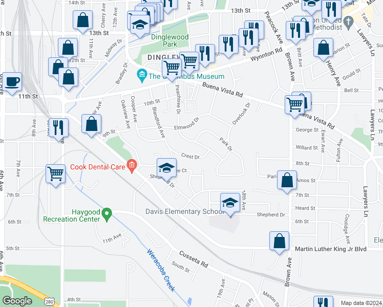 map of restaurants, bars, coffee shops, grocery stores, and more near 1609 Crest Drive in Columbus