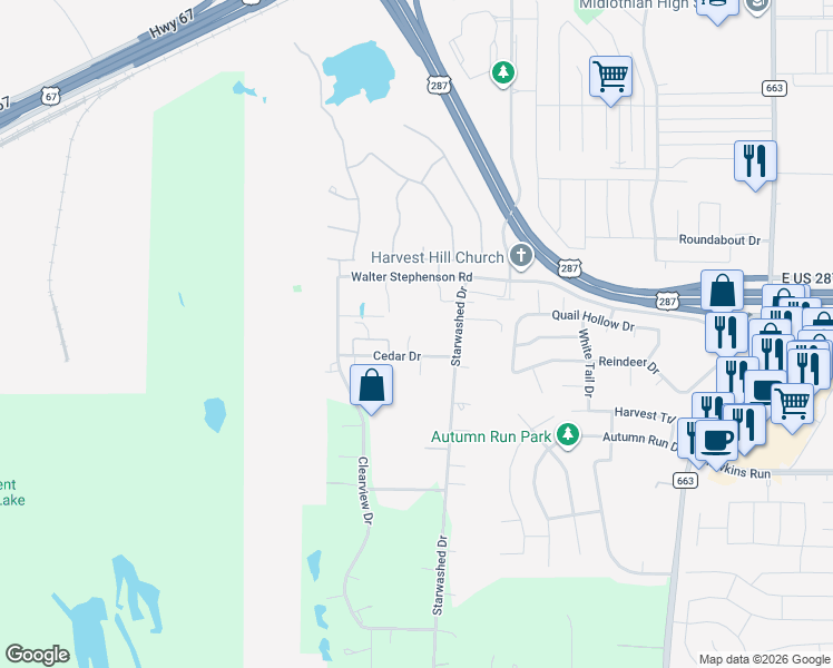map of restaurants, bars, coffee shops, grocery stores, and more near 1121 Cedar Drive in Midlothian