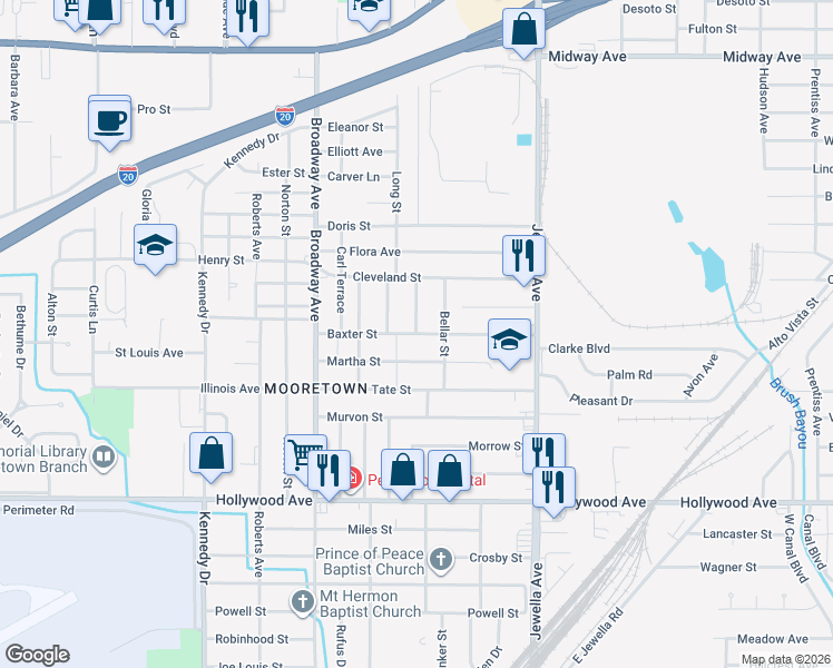 map of restaurants, bars, coffee shops, grocery stores, and more near 3918 Baxter Street in Shreveport
