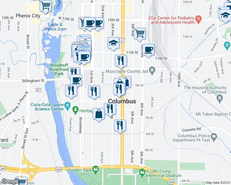 map of restaurants, bars, coffee shops, grocery stores, and more near 824 3rd Avenue in Columbus