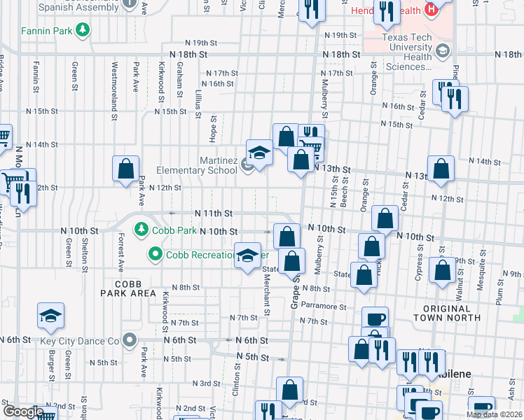 map of restaurants, bars, coffee shops, grocery stores, and more near 1041 Merchant Street in Abilene