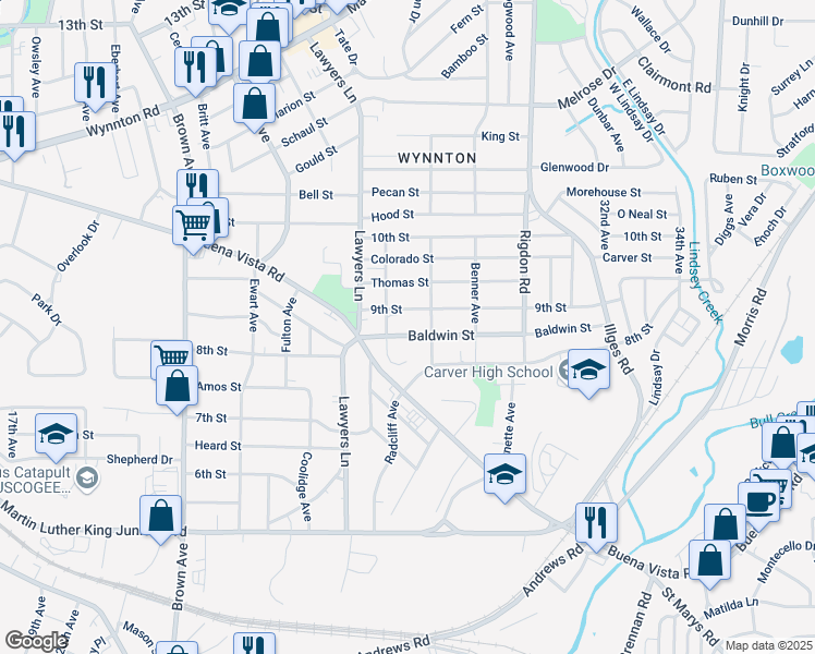 map of restaurants, bars, coffee shops, grocery stores, and more near 2717 Baldwin Street in Columbus