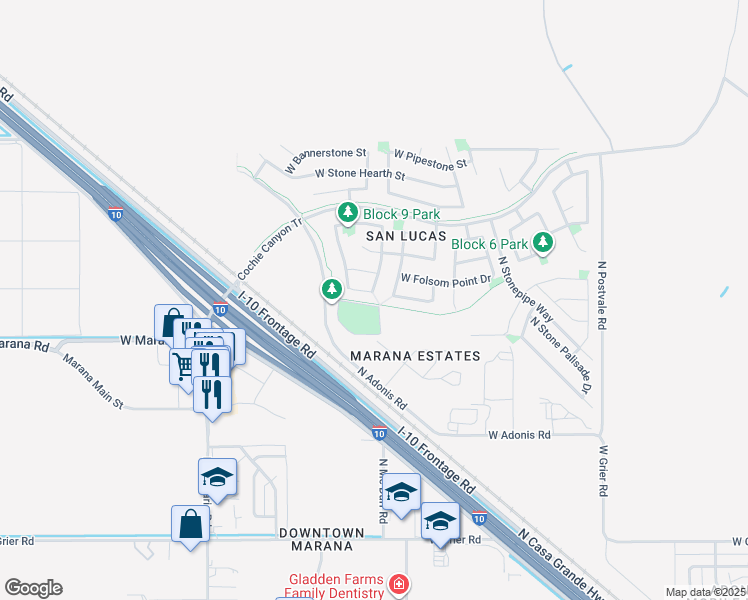 map of restaurants, bars, coffee shops, grocery stores, and more near 11467 West Magic Song Street in Marana