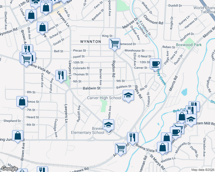 map of restaurants, bars, coffee shops, grocery stores, and more near 2928 Baldwin Street in Columbus