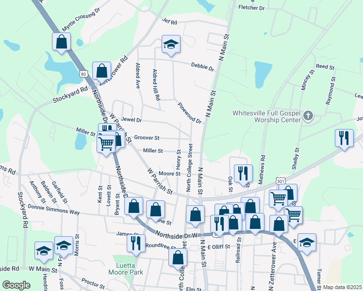 map of restaurants, bars, coffee shops, grocery stores, and more near 26 Henry Street in Statesboro