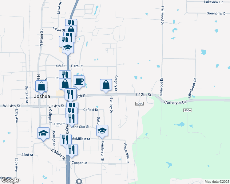 map of restaurants, bars, coffee shops, grocery stores, and more near 100 Bentley Drive in Joshua