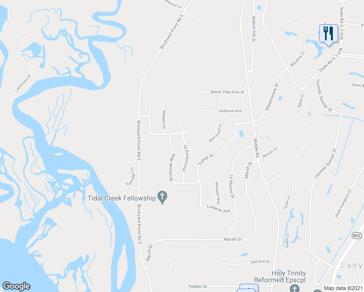 map of restaurants, bars, coffee shops, grocery stores, and more near 21 Purrysburg Drive in Beaufort