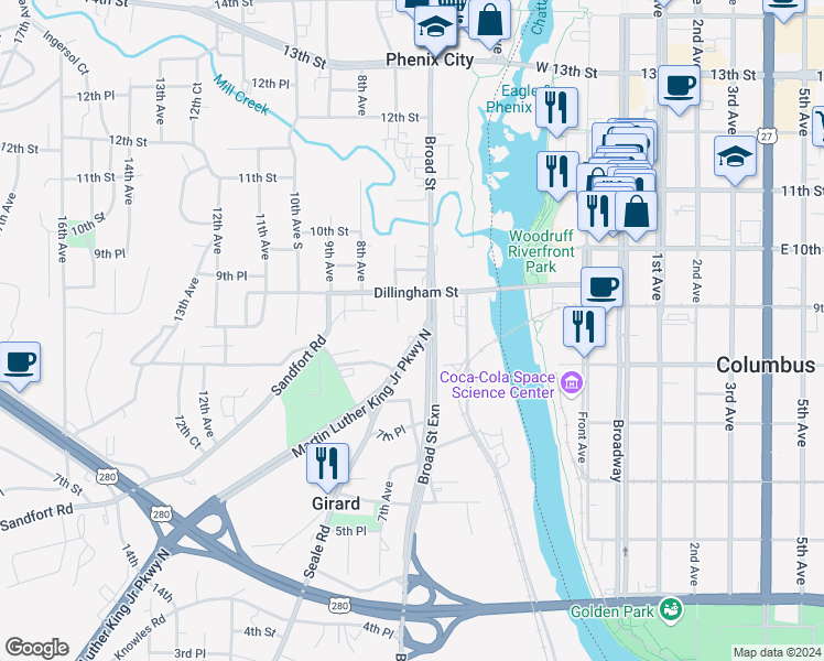 map of restaurants, bars, coffee shops, grocery stores, and more near 831 Seale Road in Phenix City