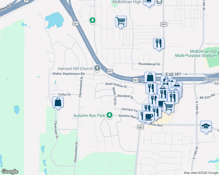 map of restaurants, bars, coffee shops, grocery stores, and more near 718 Elk Horn Drive in Midlothian