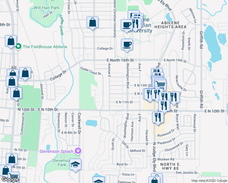 map of restaurants, bars, coffee shops, grocery stores, and more near 757 East North 12th Street in Abilene
