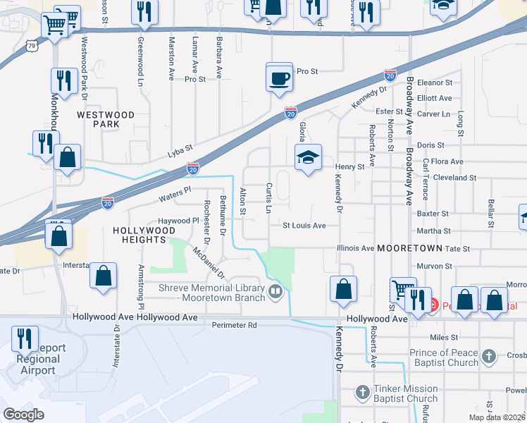 map of restaurants, bars, coffee shops, grocery stores, and more near 4602 Curtis Lane in Shreveport