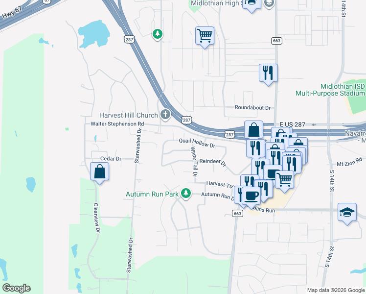 map of restaurants, bars, coffee shops, grocery stores, and more near 718 Elk Horn Drive in Midlothian