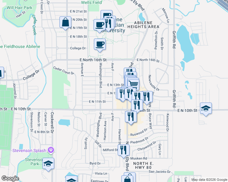 map of restaurants, bars, coffee shops, grocery stores, and more near 901 East North 12th Street in Abilene