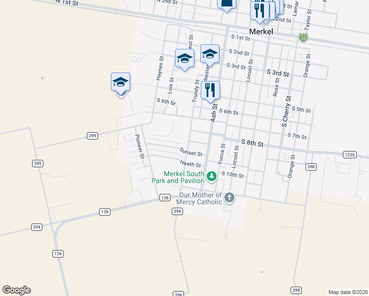 map of restaurants, bars, coffee shops, grocery stores, and more near 1502 Heath Street in Merkel
