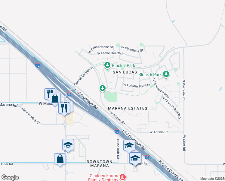 map of restaurants, bars, coffee shops, grocery stores, and more near 11467 West Magic Song Street in Marana