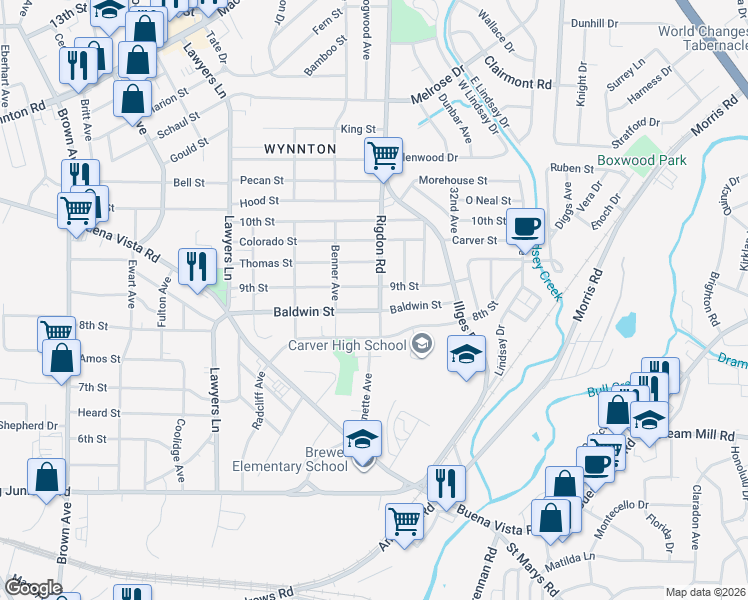 map of restaurants, bars, coffee shops, grocery stores, and more near 2928 Baldwin Street in Columbus