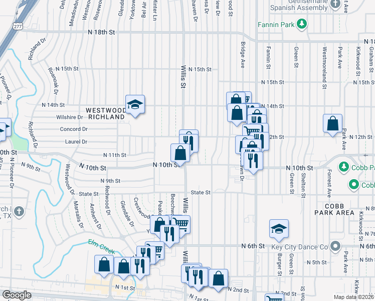 map of restaurants, bars, coffee shops, grocery stores, and more near 3382 N 10th St in Abilene