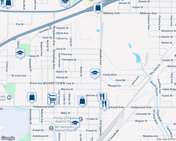 map of restaurants, bars, coffee shops, grocery stores, and more near 3814 Baxter Street in Shreveport