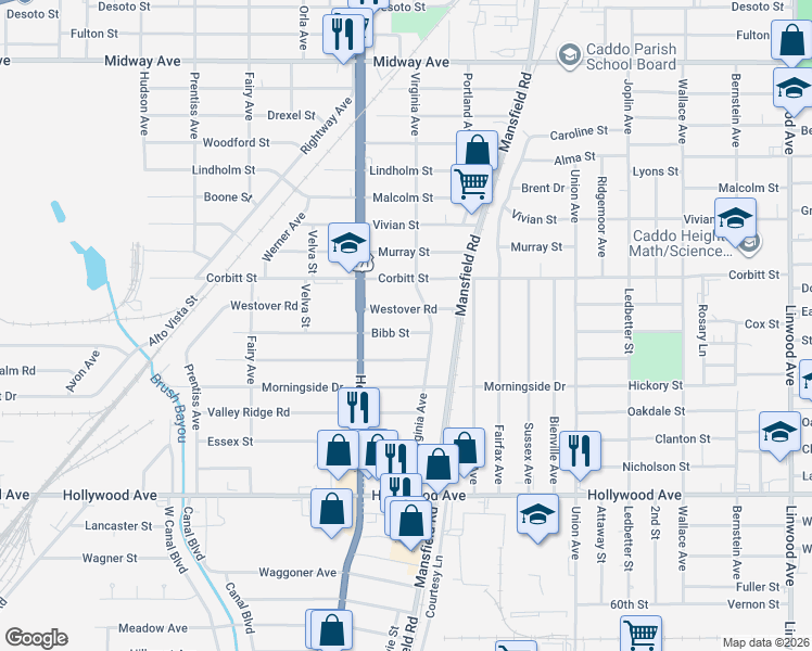 map of restaurants, bars, coffee shops, grocery stores, and more near 2633 Bibb Street in Shreveport