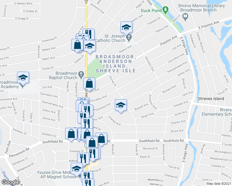 map of restaurants, bars, coffee shops, grocery stores, and more near 259 Carrollton Avenue in Shreveport