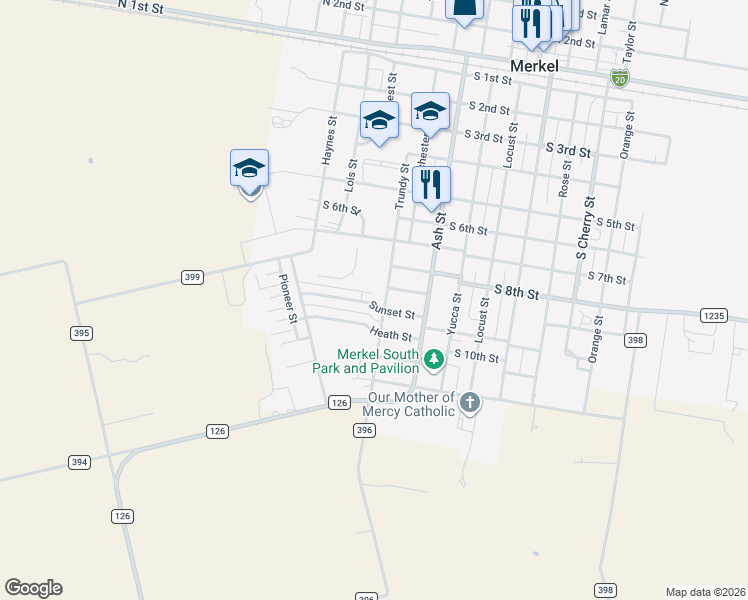 map of restaurants, bars, coffee shops, grocery stores, and more near 1502 Heath Street in Merkel