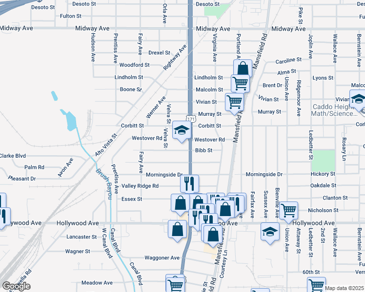 map of restaurants, bars, coffee shops, grocery stores, and more near 2715 Corbitt Street in Shreveport