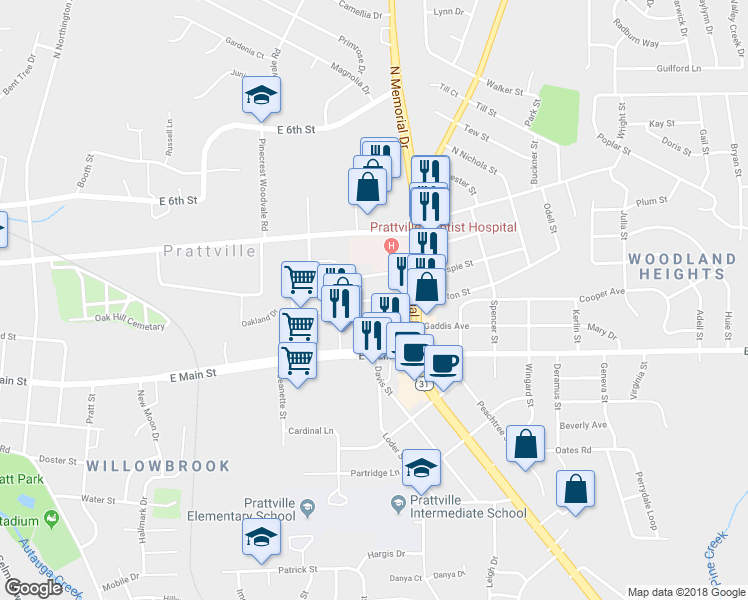 map of restaurants, bars, coffee shops, grocery stores, and more near 860 Newton Street in Prattville