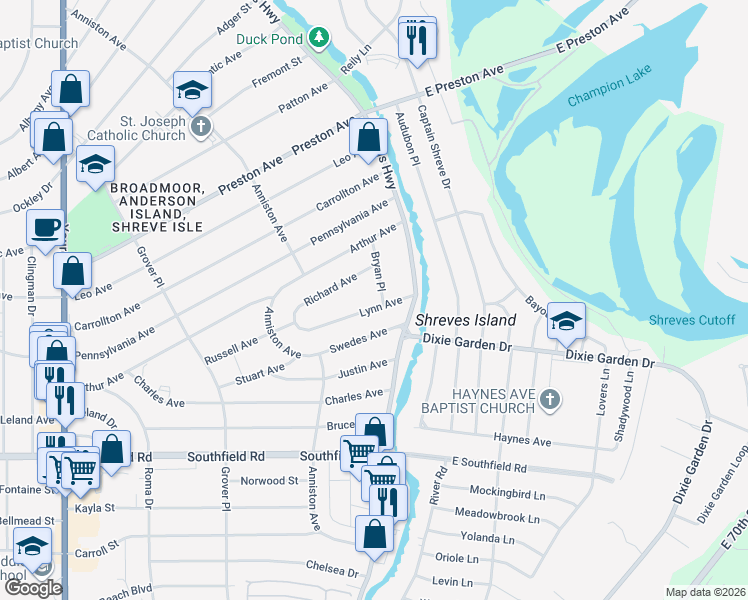 map of restaurants, bars, coffee shops, grocery stores, and more near 1848 Bryan Place in Shreveport