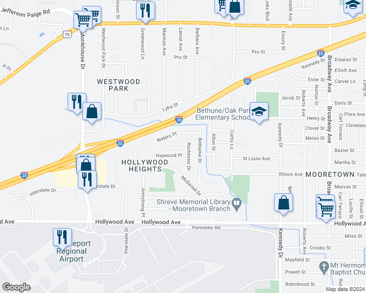 map of restaurants, bars, coffee shops, grocery stores, and more near 4901 Ralph Place in Shreveport